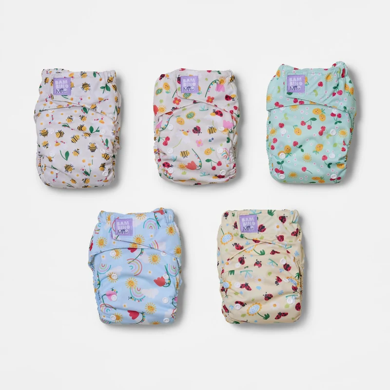 5 Pack Revolutionary Reusable Diaper Bundle in Garden Party