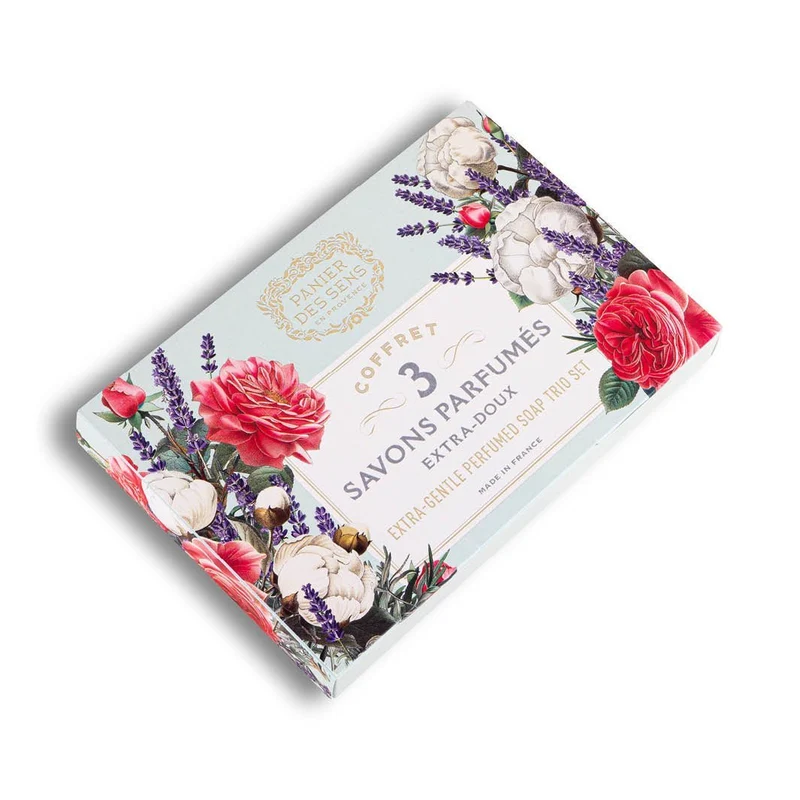 Coffret cadeau 3 savons solides parfumés - Coton, Lavande, Nectar de Rose 3x100g