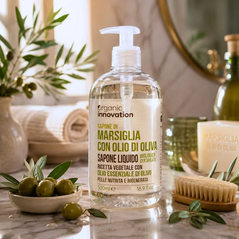 ORGANIC INNOVATION SAPONE LIQUIDO MARSIGLIA CON OLIO DI OLIVA - Detergente Mani, Viso e Corpo 500ml