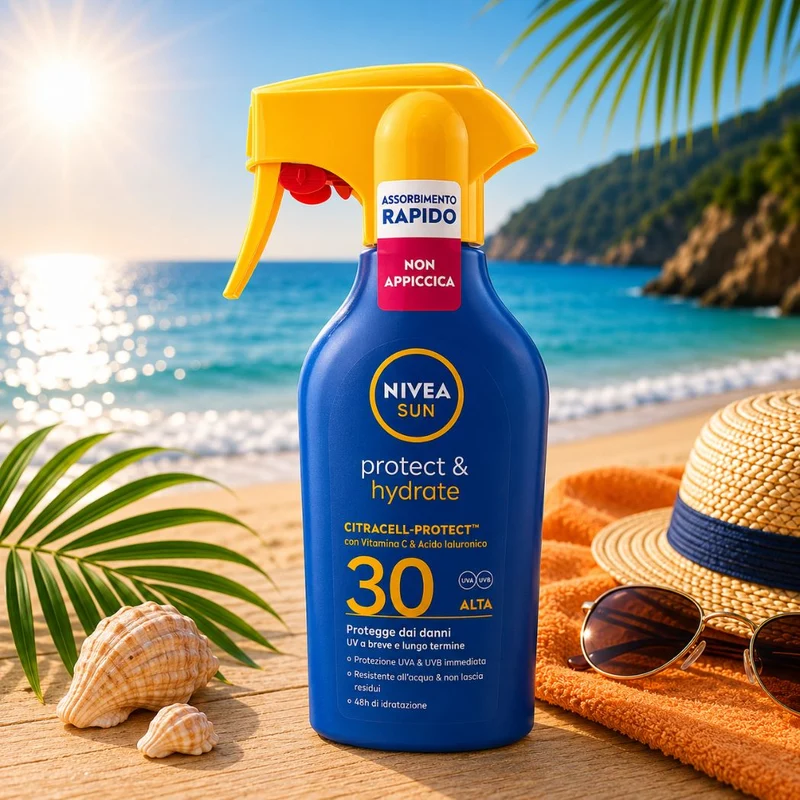 NIVEA SUN SPRAY SOLARE PROTECT & HYDRATE SPF 50+ – Con Vitamina C e Acido Ialuronico 200ml