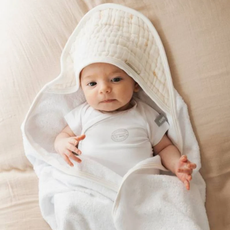 Asciugamano con cappuccio + guanto - towel - Olives Neutral Bamboom (lista n S & W)