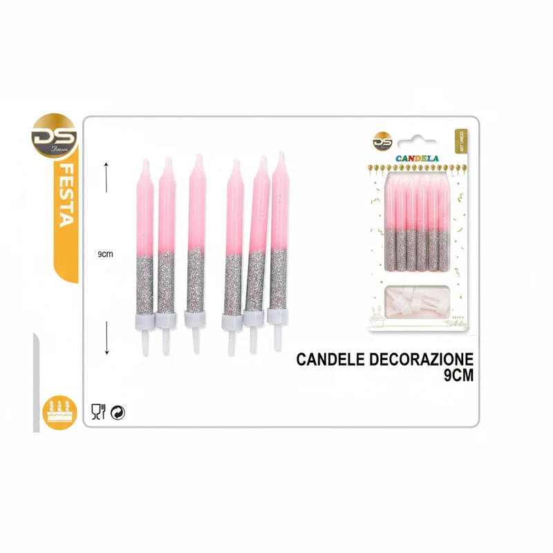 Dz Party Candele Decorate Rosa Glitter 7.8Cm 6Pz