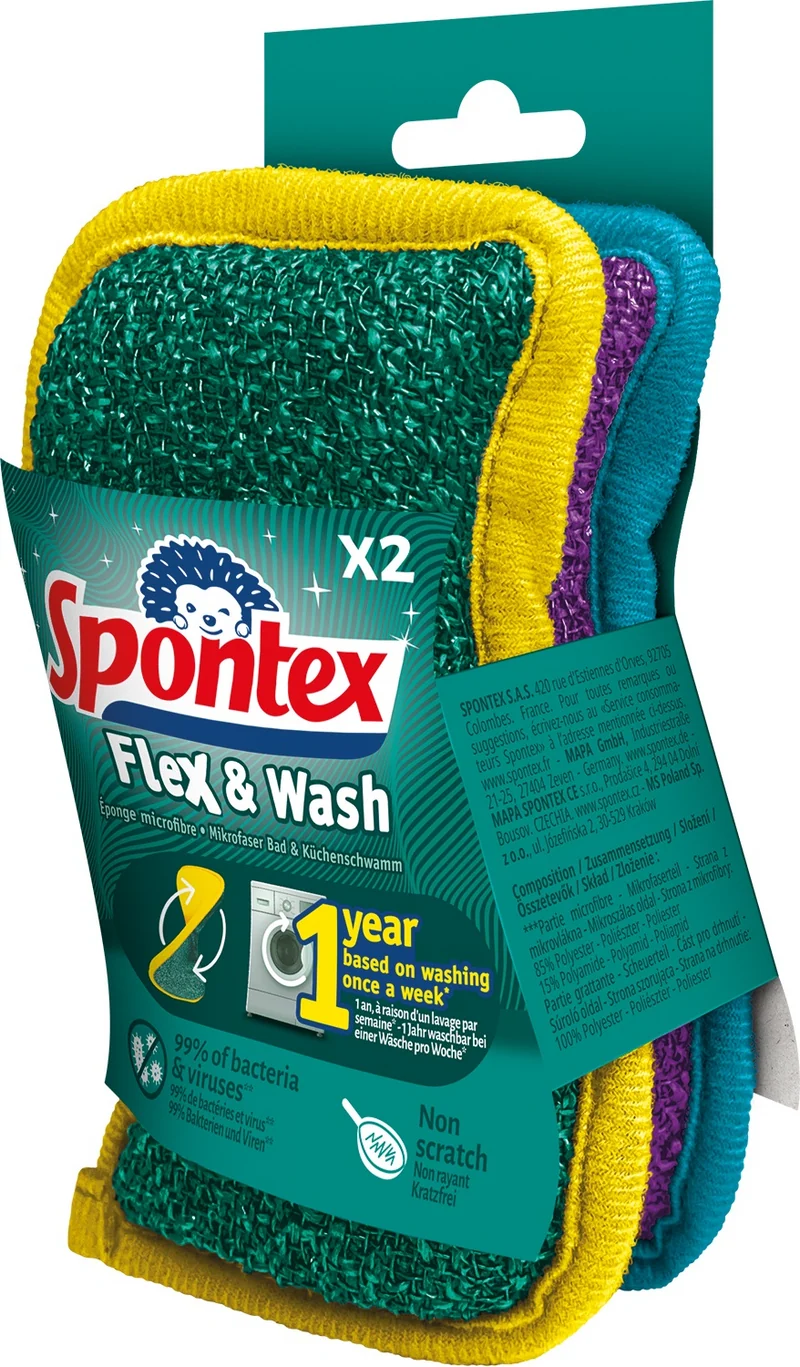 Spontex - Spugna Flex & Wash Abrasiva e Microfibra - 2 pezzi