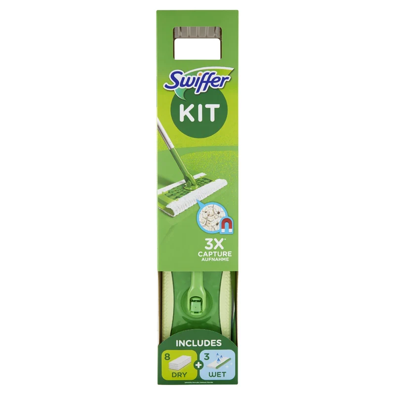 Swiffer Starter Kit Preassemblato-Scopa con 1Manico+8Panni Catturapolvere+3Panni Umidi Lavapavimenti