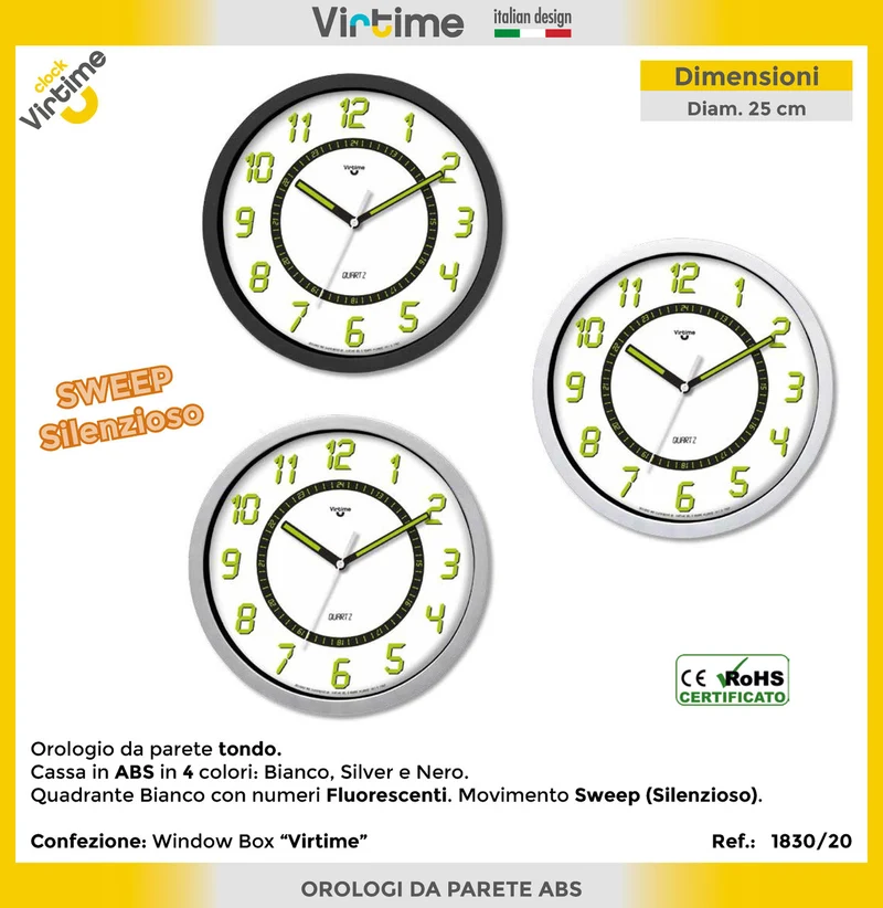 Virtime Orologio Parete 25Ø numeri fluo silenzioso