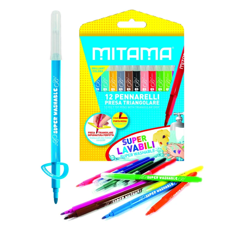 Mitama Pennarelli Super Lavabili, presa Triangolare, Punta fine, Scat. 12 pz