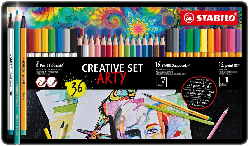 Creative Set STABILO ARTY - STABILO point 88, Pen 68 brush & aquacolor - Scatola in metallo da 36 - 12 fineliner point 88, 8 pennarelli con punta a pennello Pen 68 brush, 16 matite colorate aquacolor