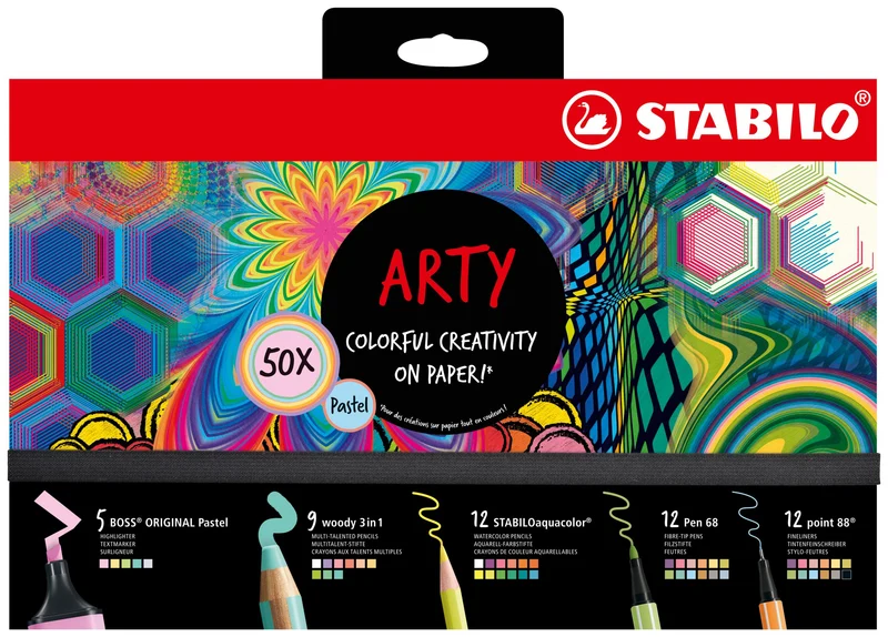 Set Creativo - STABILO ARTY Creative Set Pastel - Cofanetto da 50 - con 5 evidenziatori, 9 matitoni colorati Multi-Funzione, 12 matite colorate acquarellabili, 12 pennarelli premium, 12 fineliner