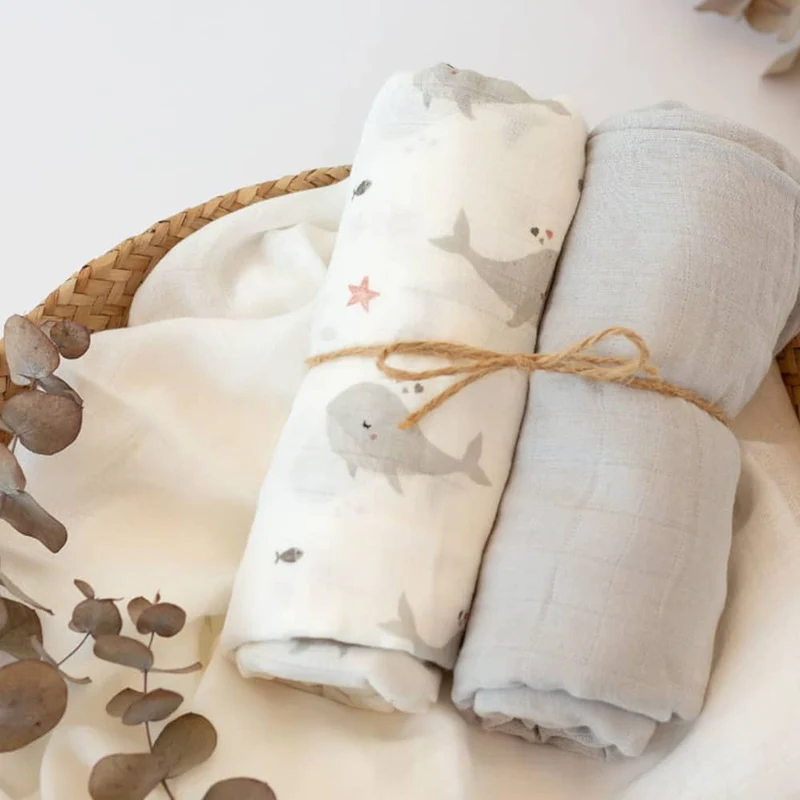SET 2 COPERTINE NEONATO IN MUSSOLA DI BAMBOO 120X120 CM - GRIGIO