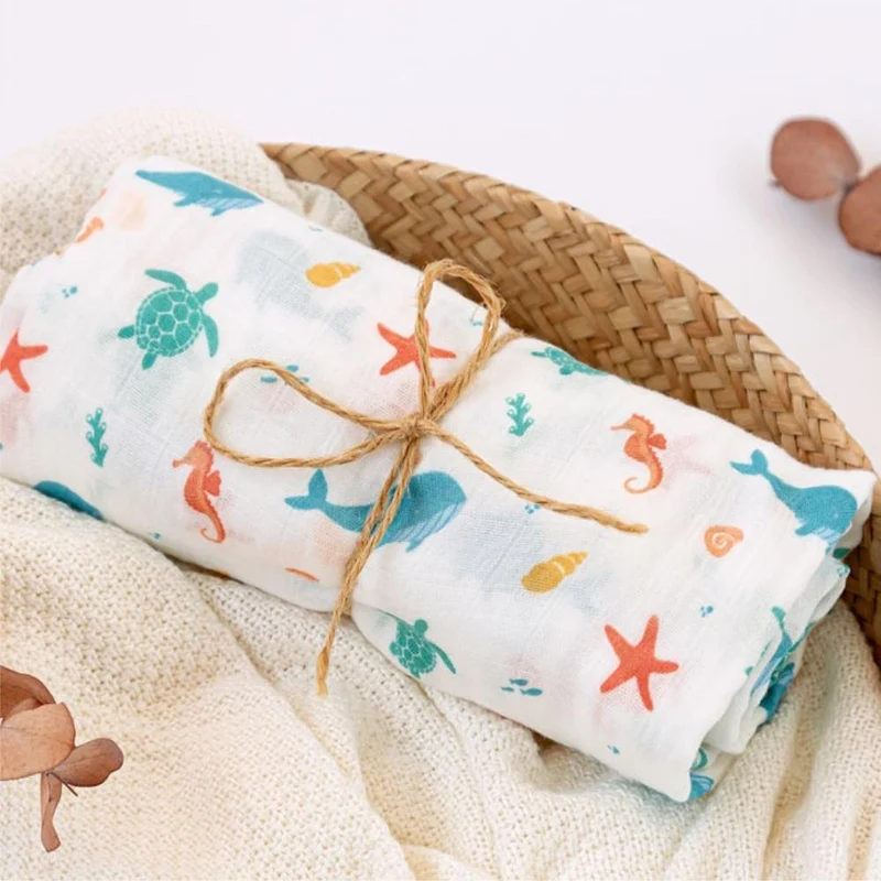 COPERTINA NEONATO IN MUSSOLA DI BAMBOO 120X120 CM - STAMPA MARINA