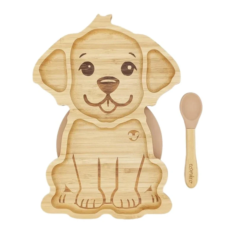 PIATTO IN BAMBOO CON VENTOSA E CUCCHIAIO - CANE - NOCCIOLA
