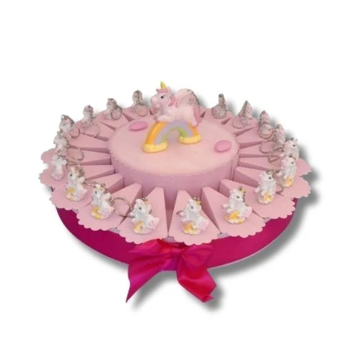 TORTA BOMBONIERA NASCITA BATTESIMO UNICORNO ROSA CON MAGNETI E SALVADANAIO