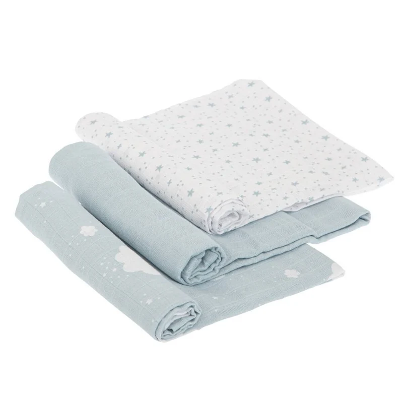 SET 3 COPERTINE NEONATO IN MUSSOLA DI COTONE 70X80 CM - CELESTE
