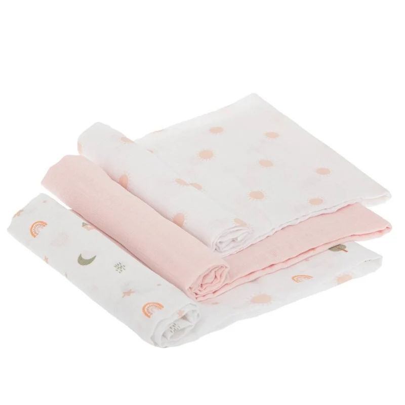 SET 3 COPERTINE NEONATO IN MUSSOLA DI COTONE 70X80 CM - ROSA