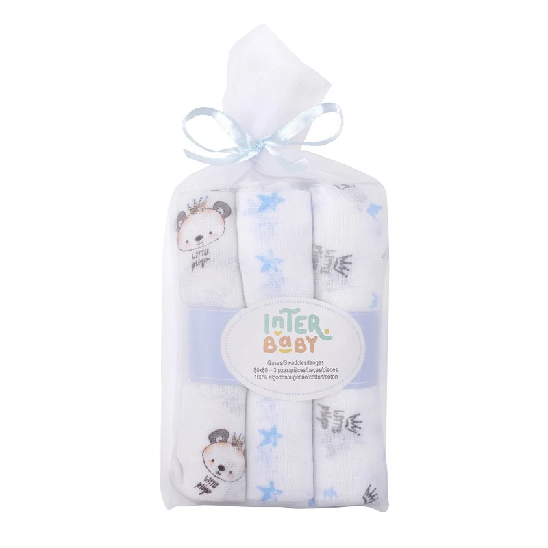 SET 3 COPERTINE NEONATO IN MUSSOLA DI COTONE 80X80 CM - ORSO CELESTE