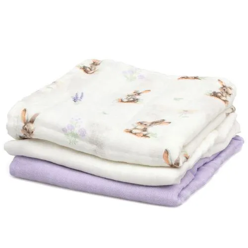 SET 3 COPERTINE NEONATO IN MUSSOLA DI BAMBOO 70x70 CM - LAVANDA