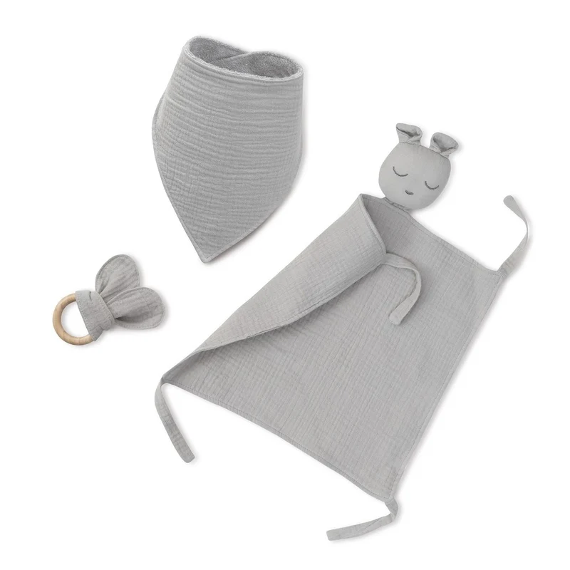 SET REGALO NEONATO BAVAGLINO +MASSAGGIA GENGIVE + DOUDOU ORSETTO GRIGIO