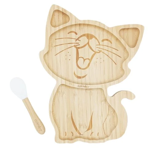 PIATTO IN BAMBOO CON VENTOSA E CUCCHIAIO - GATTO