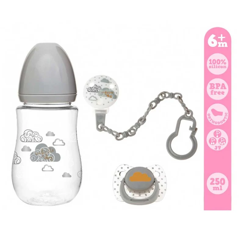 SET REGALO BIBERON NEONATO - CIUCCIO IN SILICONE - CATENELLA PORTACIUCCIO 6+