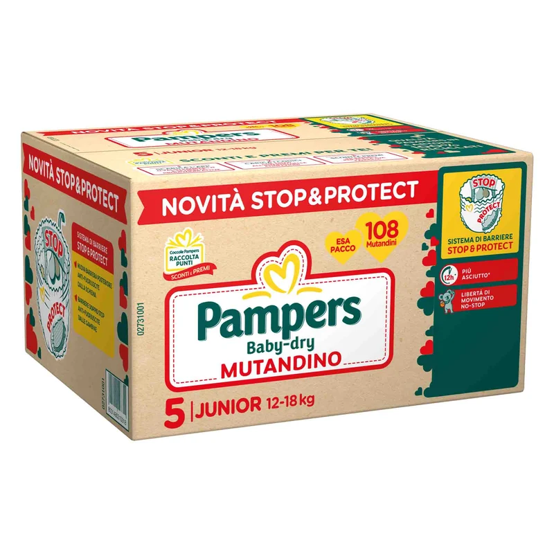 Pampers Mutandine Baby-Dry Taglia 5 (12-18 kg) Esapacco 108 pezzi