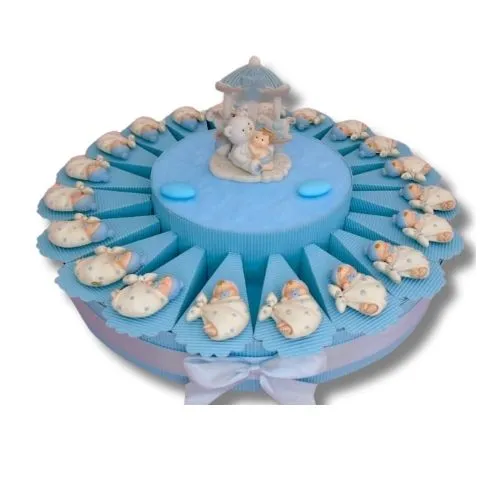 TORTA BOMBONIERA NASCITA BATTESIMO FAGOTTO CELESTE CON MAGNETI E CENTRALE