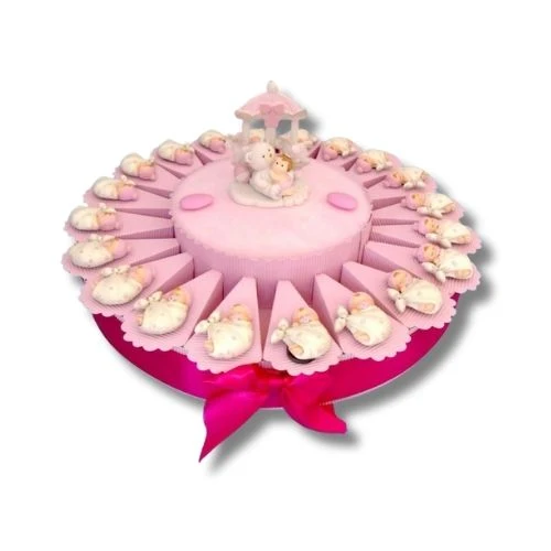 TORTA BOMBONIERA NASCITA BATTESIMO FAGOTTO ROSA CON MAGNETI E CENTRALE