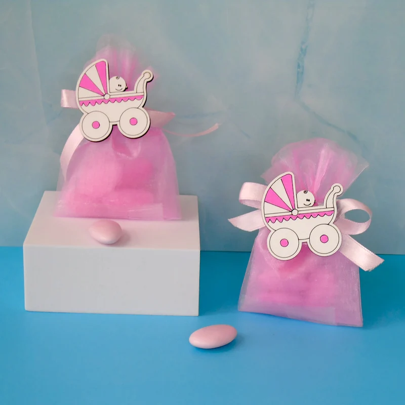 SACCHETTINO CONFETTI SEGNAPOSTO BOMBONIERA NASCITA BATTESIMO CARROZZINA TULLE`