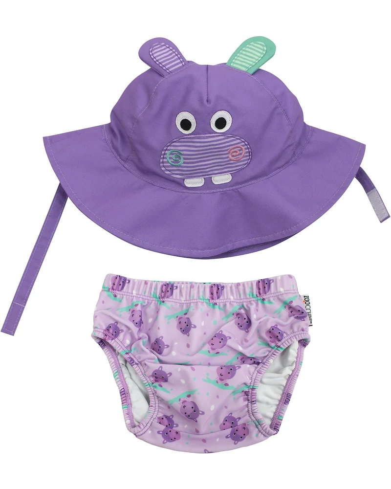 KIT MARE NEONATO COSTUMINO CONTENITIVO + CAPPELLINO, IPPOPOTAMO - SPF50+
