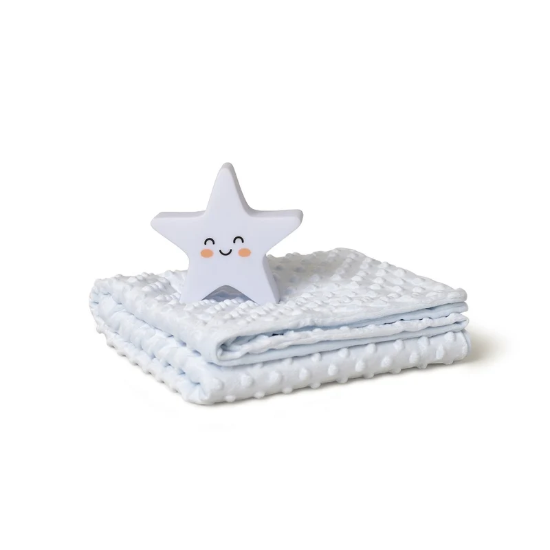 SET REGALO NEONATO COPERTINA CARROZZINA CULLA IN PILE DOTS + LAMPADA STELLA CELESTE