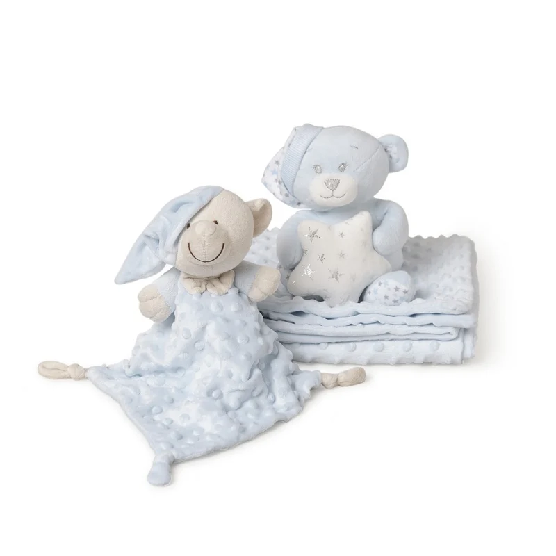 SET REGALO NEONATO PELUCHE + COPERTINA + DOUDOU ORSETTO CELESTE