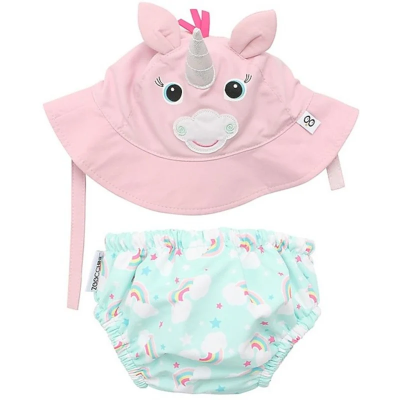 KIT MARE NEONATO COSTUMINO CONTENITIVO + CAPPELLINO, UNICORNO - SPF50+