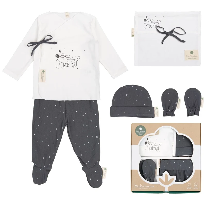 COFANETTO REGALO NASCITA BAMBINO COMPLETO + CAPPELLINO + MUFFOLE + BORSA - COTONE ORGANICO