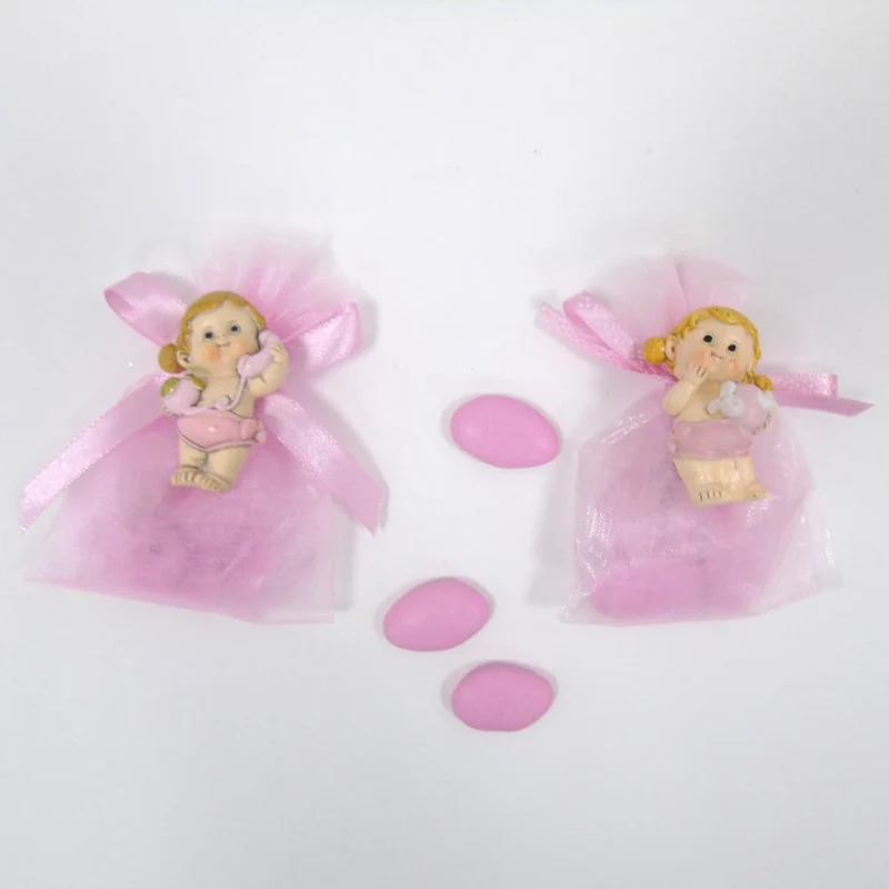 SACCHETTINO CONFETTI SEGNAPOSTO BOMBONIERA NASCITA BATTESIMO MAGNETE BIMBA ROSA