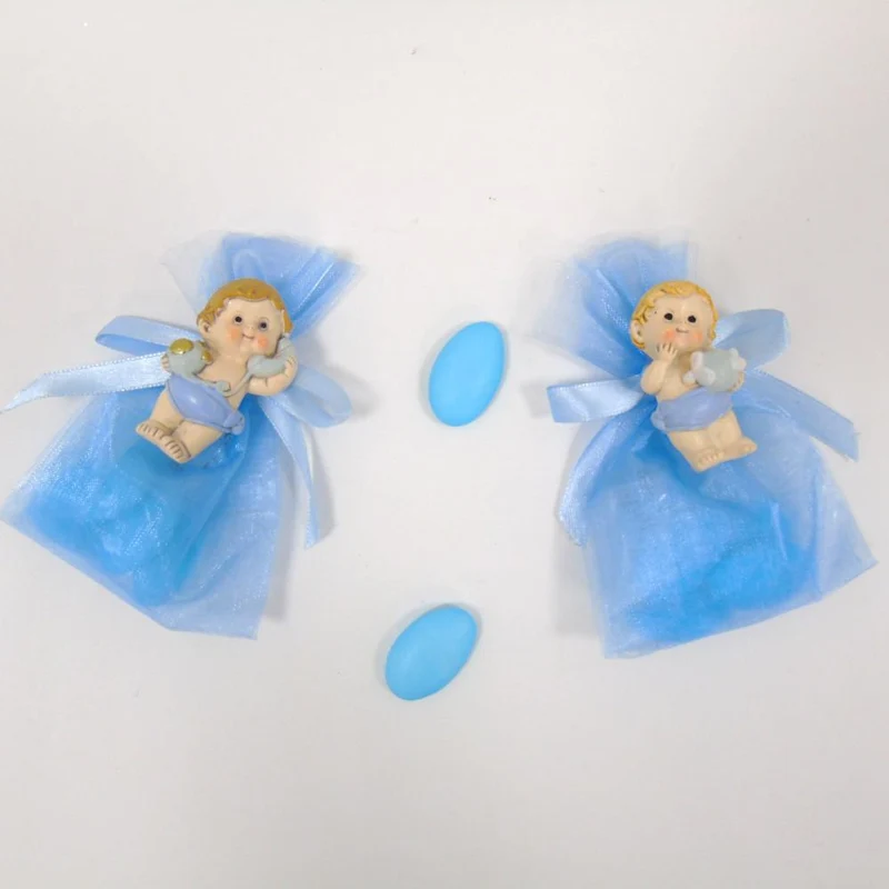 SACCHETTINO CONFETTI SEGNAPOSTO BOMBONIERA NASCITA BATTESIMO MAGNETE BIMBO CELESTE