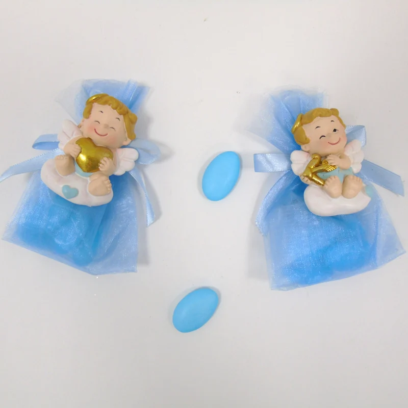 SACCHETTINO CONFETTI SEGNAPOSTO BOMBONIERA NASCITA BATTESIMO MAGNETE ANGELO CELESTE ORO
