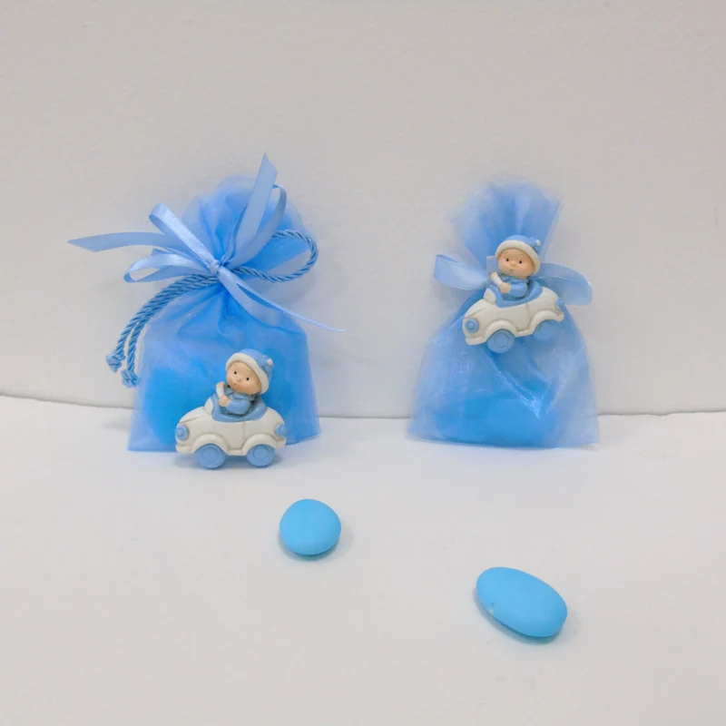 SACCHETTINO CONFETTI SEGNAPOSTO BOMBONIERA NASCITA BATTESIMO COMPLEANNO MAGNETE MACCHININA BIMBO NEONATO