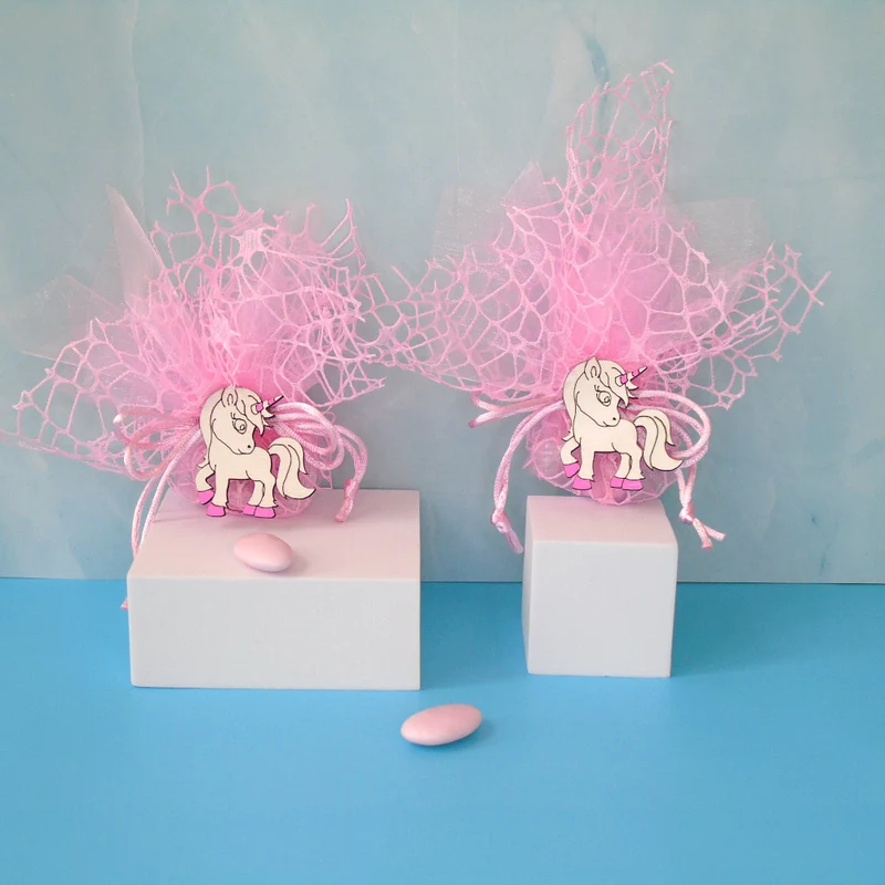 SACCHETTINO CONFETTI SEGNAPOSTO BOMBONIERA NASCITA BATTESIMO BIMBO - UNICORNO