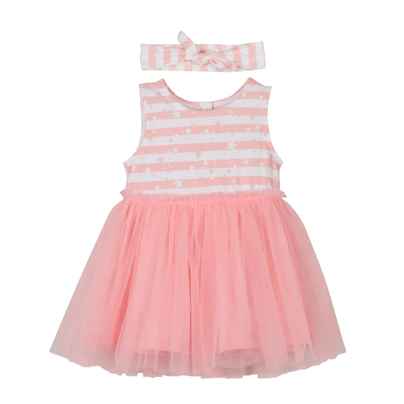 VESTITO NEONATA BAMBINA BIO CON GONNA IN TULLE E FASCIA PER CAPELLI CORALLO DA 3 MESI A 2 ANNI