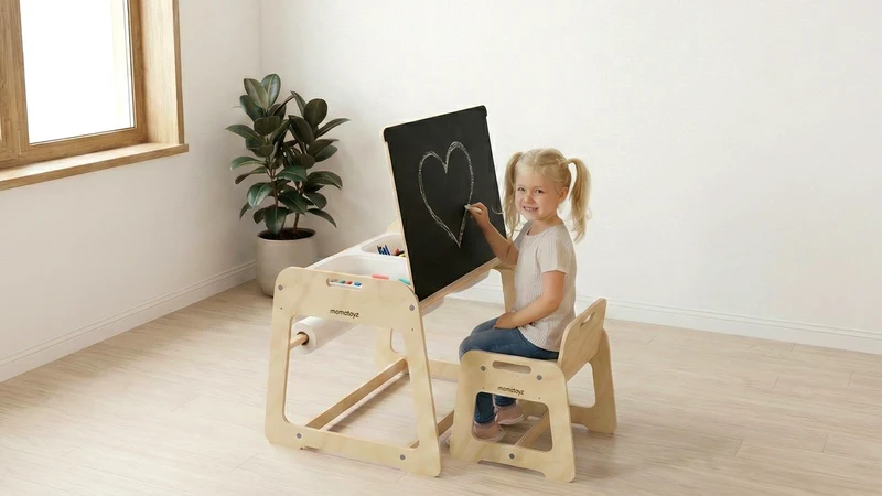 Tavolino multifunzione Montessori con lavagna e portaoggetti MyTable Mamatoyz