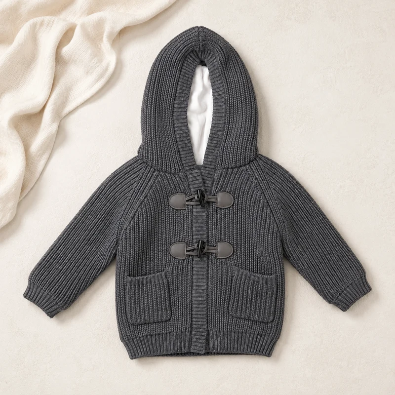 Cardigan Neonato In Maglia Con Cappuccio E Alamari LU2513