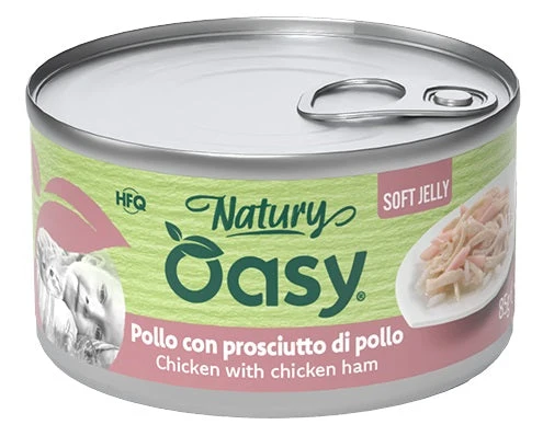 Oasy Wet Cat Natury Soft Jelly Pollo con Prosciutto di Pollo Lattina 150 g