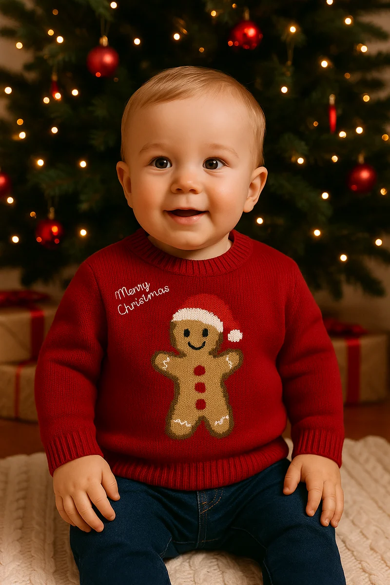 Maglione Natale I DO Neonato con Omino di pan di zenzero ricamato