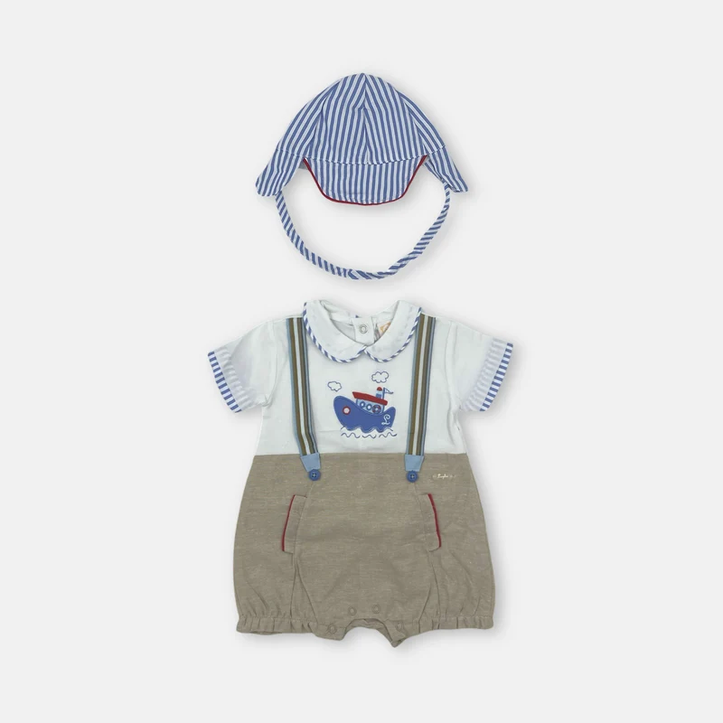 Pagliaccetto in Cotone con Cappellino e Ricamo Nautico Luglio