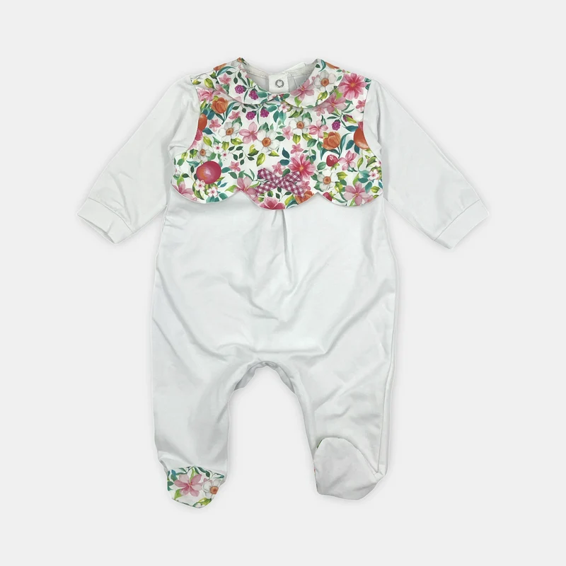 Tutina Neonata in Cotone con Motivo Floreale e Fiocchetti Ricamati Le Chicche
