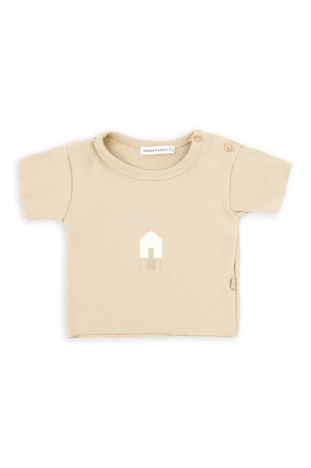 Shirt con stampa SURF HOUSE, apertura laterale con bottoni, LIGHT MUSTARD, maniche corte, in fibra di bambù e cotone, Bamboom