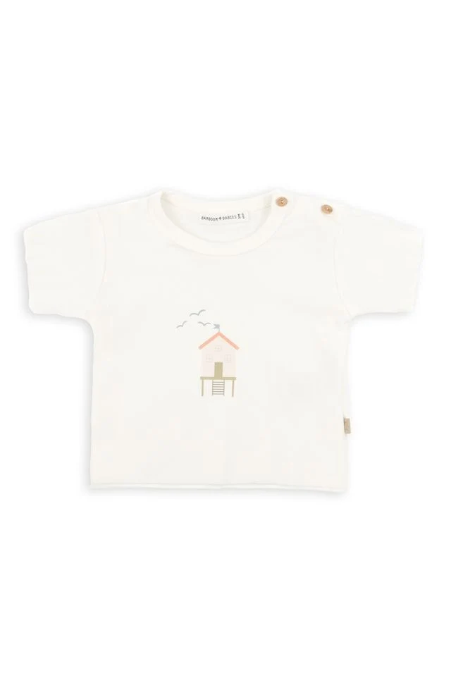 Shirt con stampa SURF HOUSE, apertura laterale con bottoni, OFFWHITE, maniche corte, in fibra di bambù e cotone, Bamboom