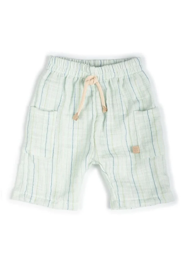Shorts lino look, verde acqua a righe, bimbo, con tasche, STRIPE ACQUA, con elastico in vita, Bamboom