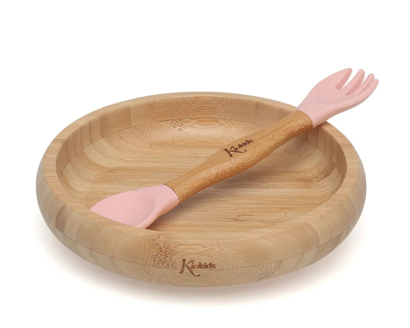 Set Stoviglie in bambù e silicone, piatto con ventosa e cucchiaio/forchetta, Kiokids