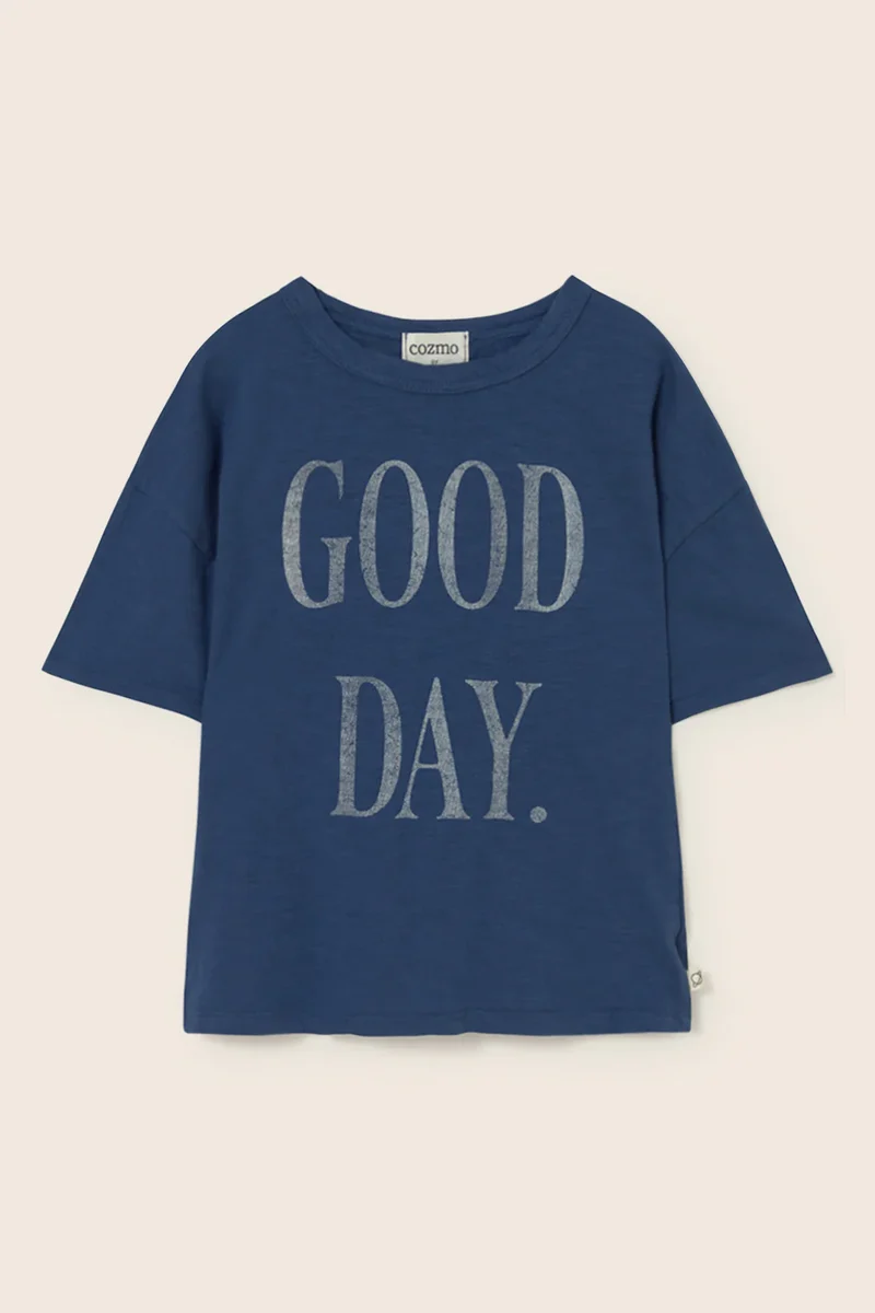 T-shirt JONK, blu, con scritta Good day, 100% cotone, Cozmo
