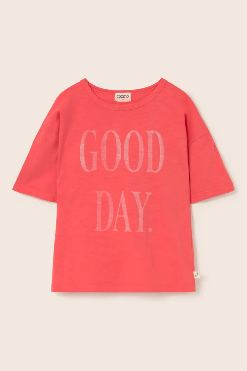 T-shirt JONK, rossa, con scritta Good day, 100% cotone, Cozmo